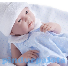  Berenguer újszülött élethű fiú játékbaba kék pöttyös ruhában takaróval 43cm élethű baba