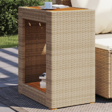 bézs polyrattan kerti kisasztal fa asztallappal 60x40x75 cm kerti bútor