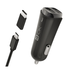 BLAUTEL 4-OK autós töltő 2 USB aljzat (5V / 3400mA + Type-C adapter + microUSB kábel) FEKETE Nokia 6300 4G, Alcatel 3080G 4G, Gigaset GL390, Alcatel 3L (2020) OT-5029D, Xiaomi Redmi 10A, TCL 403, Panasoni mobiltelefon kellék