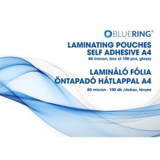 BLUERING Lamináló fólia A4, 80 micron öntapadó hátlappal 100 db/doboz, Bluering®, lamináló fólia