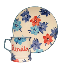 BögeManufaktúra Feliratos neves Kék virágos bögre és reggeliző tányér bögrék, csészék