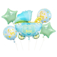 Boldog születésnapot Baby Carriage Blue, Kék babakocsi fólia lufi 5 db-os szett party kellék