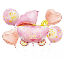 Boldog születésnapot Baby Carriage Pink, Rózsaszín babakocsi fólia lufi 5 db-os szett party kellék