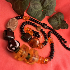  Borostyán és kristály nyaklánc + fülbevaló + karkötő  /545/ ékszer szett