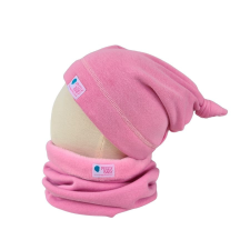  Bundás téli csomós sapka, egyszínű, világos-pink babasapka, sál