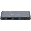Canyon DS-5 Multiport Docking Station with 5 port, with Thunderbolt 3 Dual type C male port, 1*Thunderbolt 3 female+1*HDMI+1*USB3.0+1*SD+1*TF. Input 100-240V, Output USB-C PD100W&USB-A 5V/1A, Aluminium alloy, Space gray, 90*41*11mm, 0.04kg (CNS-TDS05DG)