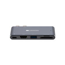 Canyon DS-5 Multiport Docking Station with 5 port, with Thunderbolt 3 Dual type C male port, 1*Thunderbolt 3 female+1*HDMI+1*USB3.0+1*SD+1*TF. Input 100-240V, Output USB-C PD100W&USB-A 5V/1A, Aluminium alloy, Space gray, 90*41*11mm, 0.04kg (CNS-TDS05DG) laptop kellék