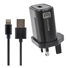 CELLULARLINE hálózati adapter USB aljzat (12W, UK, földelt, utazótöltő + lightning 8pin kábel) FEKETE (ACHKITMFI12WUKK) mobiltelefon kellék