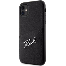 Cg mobile Apple iPhone 11, Műanyag hátlap védőtok + szilikon keret, bőrhatású hátlap, kártyatartóval, Karl Lagerfeld Saffiano Metal Signature Cardslot, fekete tok és táska