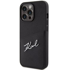 Cg mobile Apple iPhone 13 Pro, Műanyag hátlap védőtok + szilikon keret, bőrhatású hátlap, kártyatartóval, Karl Lagerfeld Saffiano Metal Signature Cardslot, fekete tok és táska