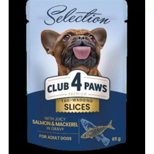 CLUB 4 PAWS Premium Plusz Alutasakos Válogatás Lazaccal és Makrélával Szószban 85g kutyaeledel