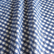 Cmixed Kockás, virágos kevertszálas vászon anyag - kék méteráru