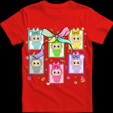 Createyou Labubu, bélyegek - Gyermek - Piros - XS gyerek póló