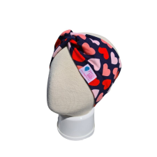  Csavart fejpánt, szíves, kék-rózsaszín babasapka, sál