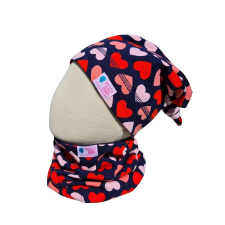  Csomós sapka kétrétegű, szíves, kék-rózsaszín babasapka, sál