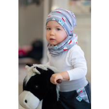  Csomós sapka, vitorlás, szürke-piros babasapka, sál