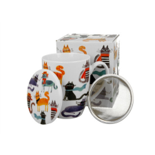  D.G.66654 Porcelánbögre tetővel, fémszűrővel, 360ml, dobozban, Stylish Cats konyhai eszköz