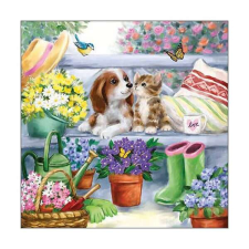 Dekupázs szalvéta - cica-kutya virágos kertben - Bench friends papírárú, csomagoló és tárolóeszköz