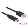 DELOCK USB 2.0-s kábel A-típusú csatlakozódugóval > USB Type-C 2.0 csatlakozódugóval, 0,5 m, fekete