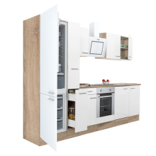 Dinewell Yorki 300 konyhablokk sonoma tölgy korpusz,selyemfényű fehér front alsó sütős elemmel alulfagyasztós hűtős szekrénnyel bútor
