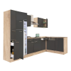Dinewell Yorki 310 sarok konyhablokk sonoma tölgy korpusz,selyemfényű antracit fronttal felülfagyasztós hűtős szekrénnyel