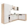 Dinewell Yorki 310 sarok konyhablokk sonoma tölgy korpusz,selyemfényű fehér fronttal polcos szekrénnyel