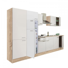Dinewell Yorki 330 konyhablokk sonoma tölgy korpusz,selyemfényű fehér fronttal polcos szekrénnyel és felülfagyasztós hűtős szekrénnyel bútor