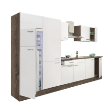 Dinewell Yorki 330 konyhablokk yorki tölgy korpusz,selyemfényű fehér fronttal polcos szekrénnyel és felülfagyasztós hűtős szekrénnyel bútor