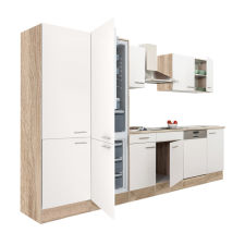 Dinewell Yorki 340 konyhablokk sonoma tölgy korpusz,selyemfényű fehér fronttal polcos szekrénnyel és alulfagyasztós hűtős szekrénnyel bútor