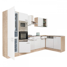 Dinewell Yorki 340 sarok konyhablokk sonoma tölgy korpusz,selyemfényű fehér fronttal alulagyasztós hűtős szekrénnyel bútor