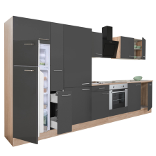 Dinewell Yorki 360 konyhablokk sonoma tölgy korpusz,selyemfényű antracit front alsó sütős elemmel polcos szekrénnyel és felülfagyasztós hűtős szekrénnyel bútor