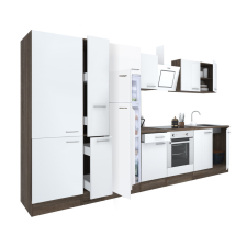 Dinewell Yorki 360 konyhablokk yorki tölgy korpusz,selyemfényű fehér front alsó sütős elemmel polcos szekrénnyel és felülfagyasztós hűtős szekrénnyel bútor