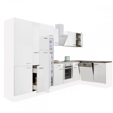Dinewell Yorki 370 sarok konyhablokk fehér korpusz,selyemfényű fehér front alsó sütős elemmel polcos szekrénnyel, felülfagyasztós hűtős szekrénnyel bútor