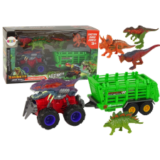 Dinoszaurusz motívumú jármű és négy dinoszaurusz figurával játékfigura