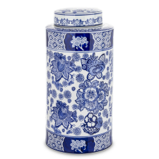  Díszes kék-fehér festett virágmintás fedeles kerámia tároló amfora 39x18x18cm papírárú, csomagoló és tárolóeszköz