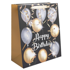 Dísztasak matt 11x14 cm arany és ezüst lufik Happy Birthday felirattal ajándéktasak