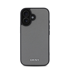 DKNY PU Leather Silver Metal Logo iPhone 16 MagSafe tok, szürke tok és táska