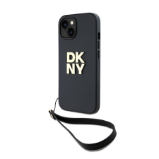 DKNY PU Leather Stack Logo Apple iPhone 13 hátlap tok csuklópánttal, fekete tok és táska