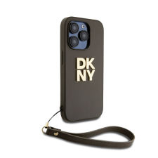 DKNY PU Leather Stack Logo Apple iPhone 14 Pro hátlap tok csuklópánttal, barna tok és táska