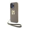 DKNY PU Leather Stack Logo Apple iPhone 14 Pro Max hátlap tok csuklópánttal, bézs
