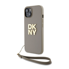 DKNY PU Leather Stack Logo Apple iPhone 15 hátlap tok csuklópánttal, bézs tok és táska