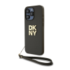 DKNY PU Leather Stack Logo Apple iPhone 15 Pro Max hátlap tok csuklópánttal, barna