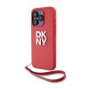 DKNY PU Leather Stack Logo Apple iPhone 15 Pro Max hátlap tok csuklópánttal, piros