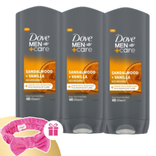 DOVE Men+Care férfi Tusfürdő Sandalwood + Vanilla 3x400ml+ Ajándék Hajpánt kozmetikai ajándékcsomag