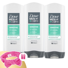 DOVE Men+Care Tusfürdő Sensitive 3x400ml + Ajándék Hajpánt kozmetikai ajándékcsomag