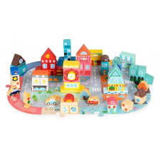 EcoToys Oktatási készlet fakockákkal és puzzle alátéttel, 88 darab, City Ecotoys MA705 fajáték