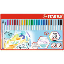  Ecsetirón készlet, fém doboz, STABILO &quot;Pen 68 brush&quot;, 19 különböző szín filctoll, marker