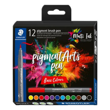 Ecsetirón készlet, STAEDTLER "Pigment brush 371", 12 különböző alapszín filctoll, marker