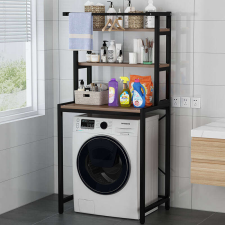 Elite Home 3 szintes masszív fém fürdőszobai polcrendszer mosógép fölé fa polcokkal, fekete - 175 cm fürdőszoba bútor