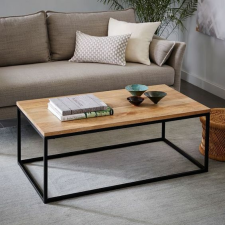 Elite Home ® Elegáns, minimalista stílusú fekete fémvázas dohányzóasztal, tölgy színű asztallappal bútor